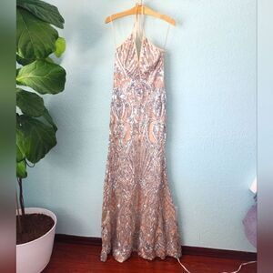 Banjul dress Hot Miami Nude Silver halter formal cocktail sequins dress